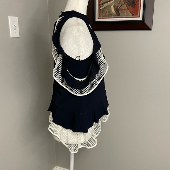 Jonathan Simkhai ruffles navy blue white top size small cold shoulder feminine - Picture 2 of 6